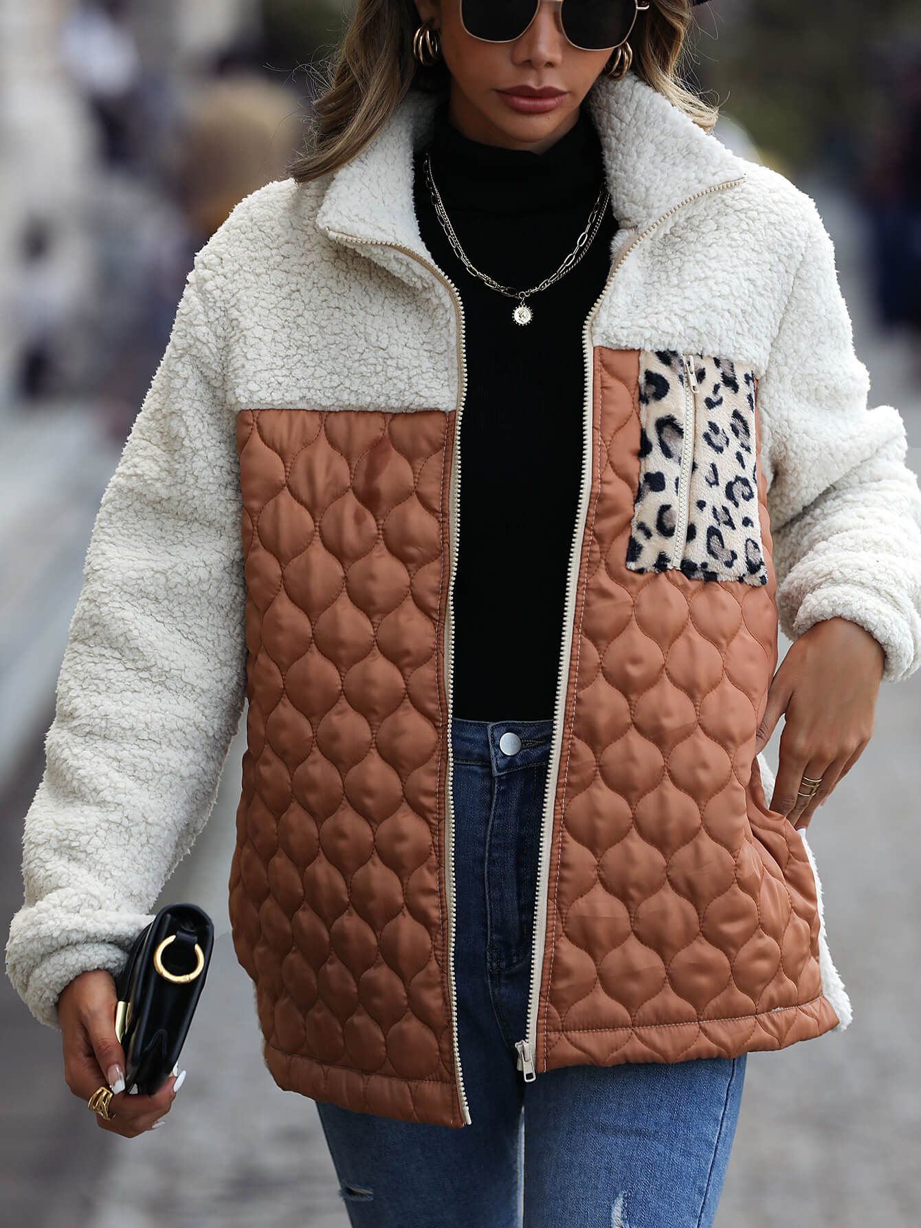 Leopard Color Block Zip Up Sherpa Jacket