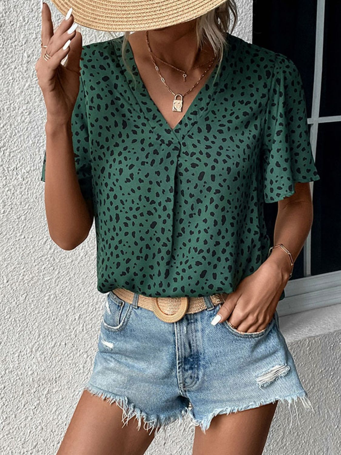 Perfee Animal Print V-Neck Flutter Sleeve Blouse