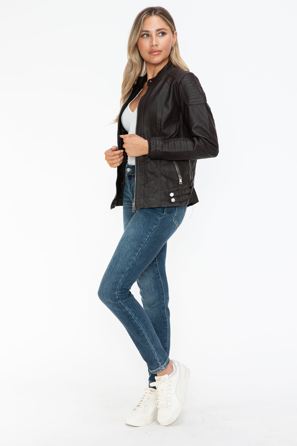 Snobbish Faux Leather Biker Jacket with Side Zip Pockets