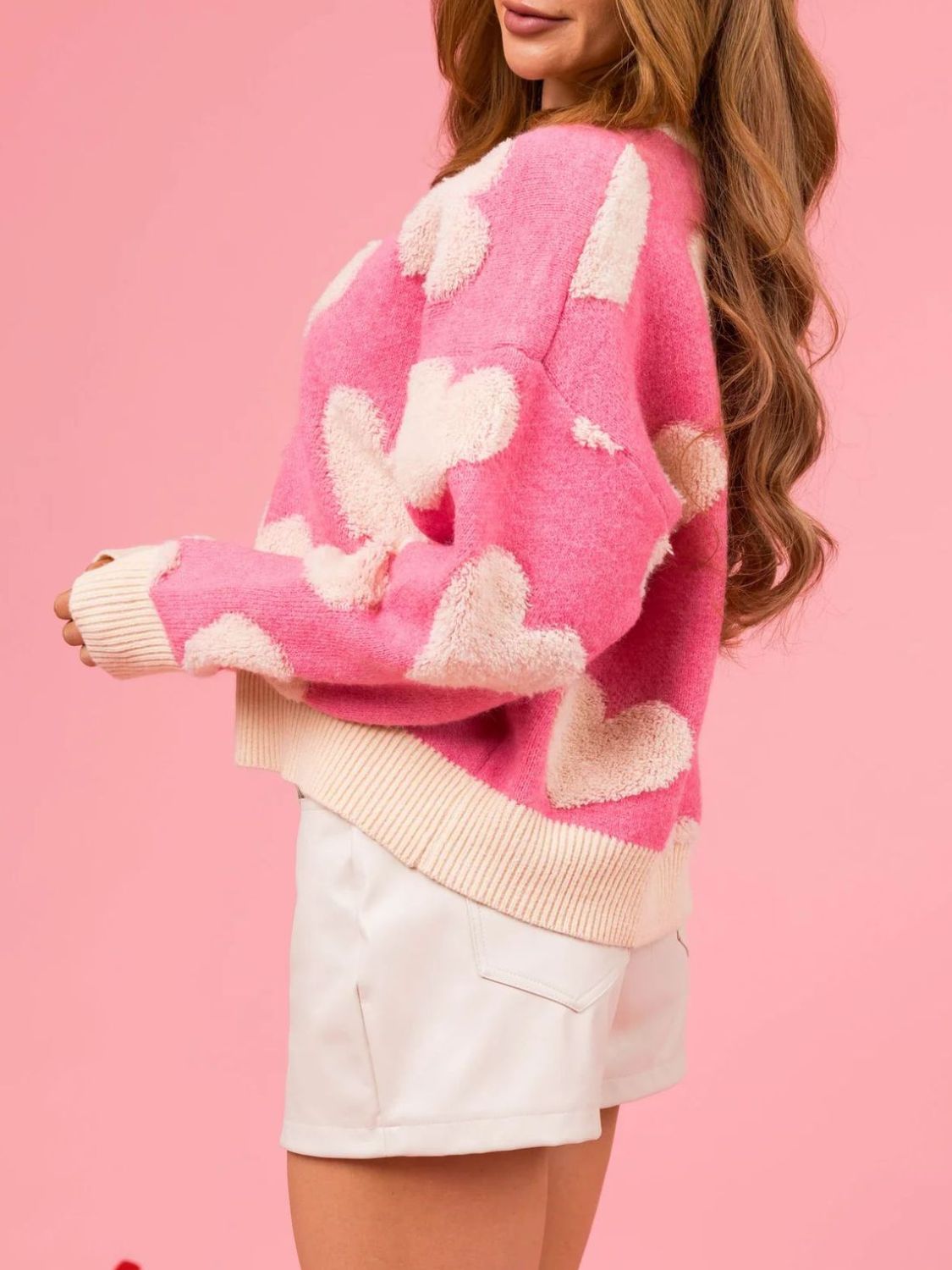 Valentine’s Day Fuzzy Heart Round Neck Long Sleeve Sweater