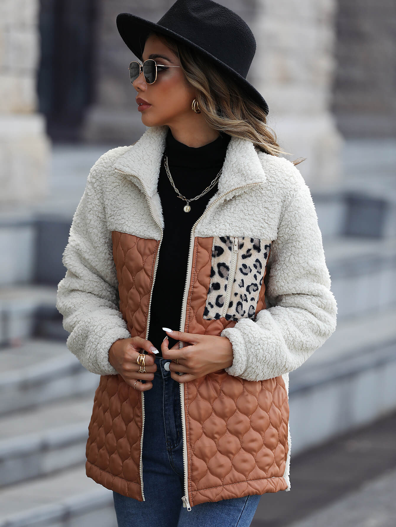 Leopard Color Block Zip Up Sherpa Jacket