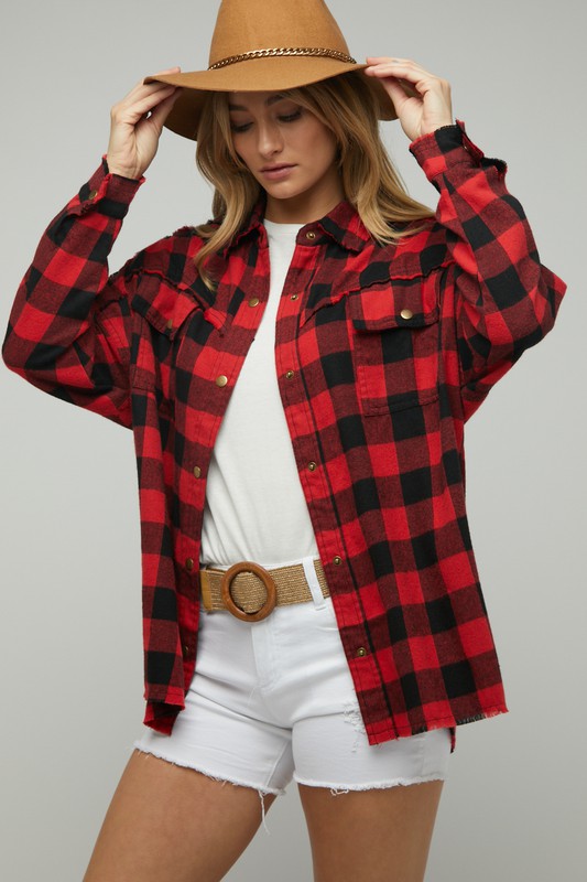 PLAID EMBROIDERED PATCH BUTTON DOWN JACKET