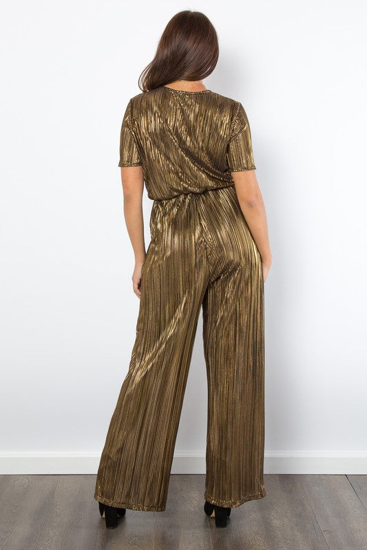 Be Stage Surplice Short Sleeve Pleated Foil Jumpsuit