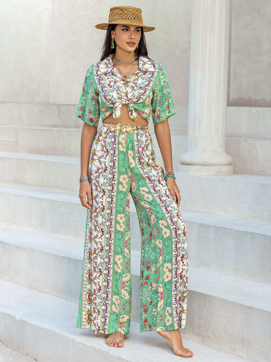 Printed Half Sleeve Top and Wide Leg Pants Set