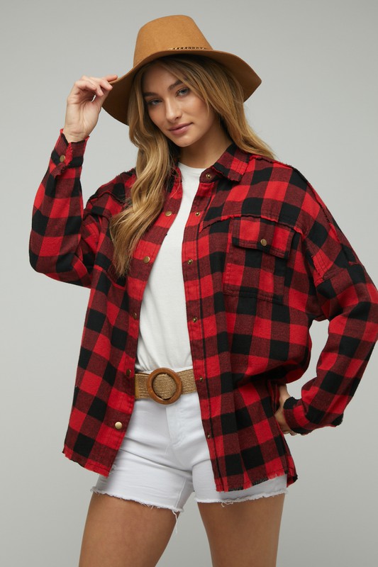 PLAID EMBROIDERED PATCH BUTTON DOWN JACKET