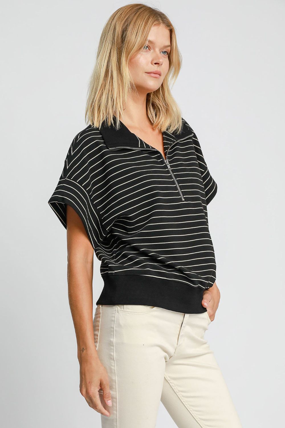 Umgee Striped Half Zip Short Sleeve Sweatshirt