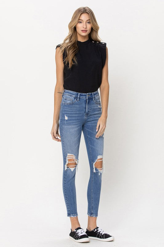 DISTRESSED HIGH RISE CROP SKINNY