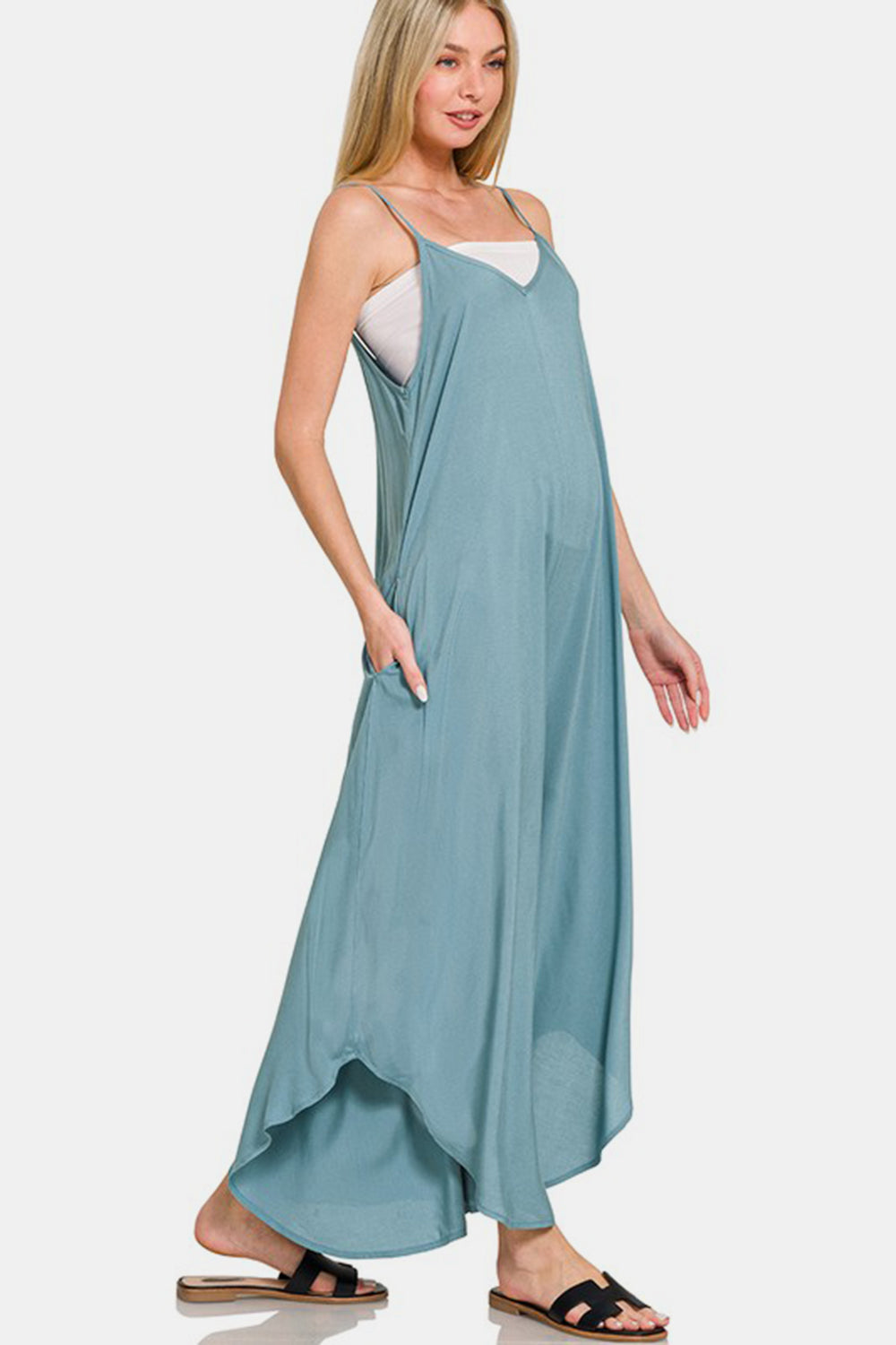 Zenana Spaghetti Strap Wide Leg Overalls with Pockets