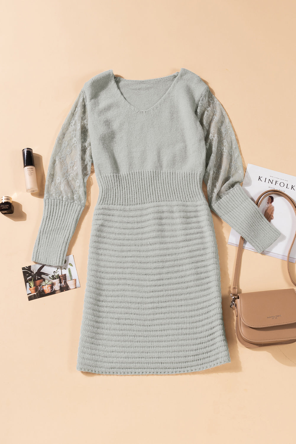 Lace Sleeve V-Neck Knit Dress - Touch Me Textures