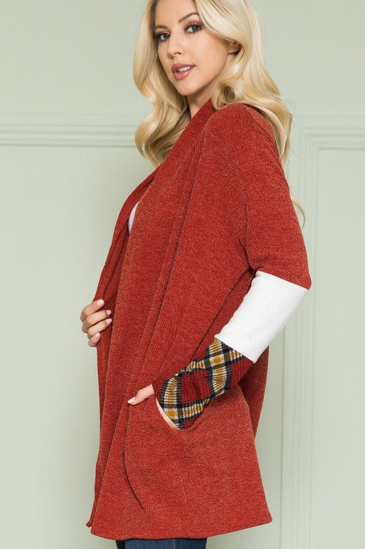 Plus Solid Plaid Contrast Long Sleeve Cardigan