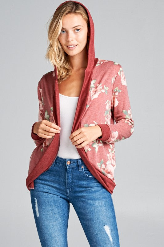 FLORAL FRENCH TERRY LONG SLEEVE HOODIE CARDIGAN