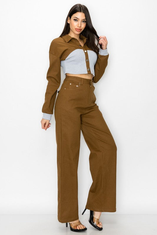 CONTRAST RIB WAIST CROP JACKET AND PANTS SET