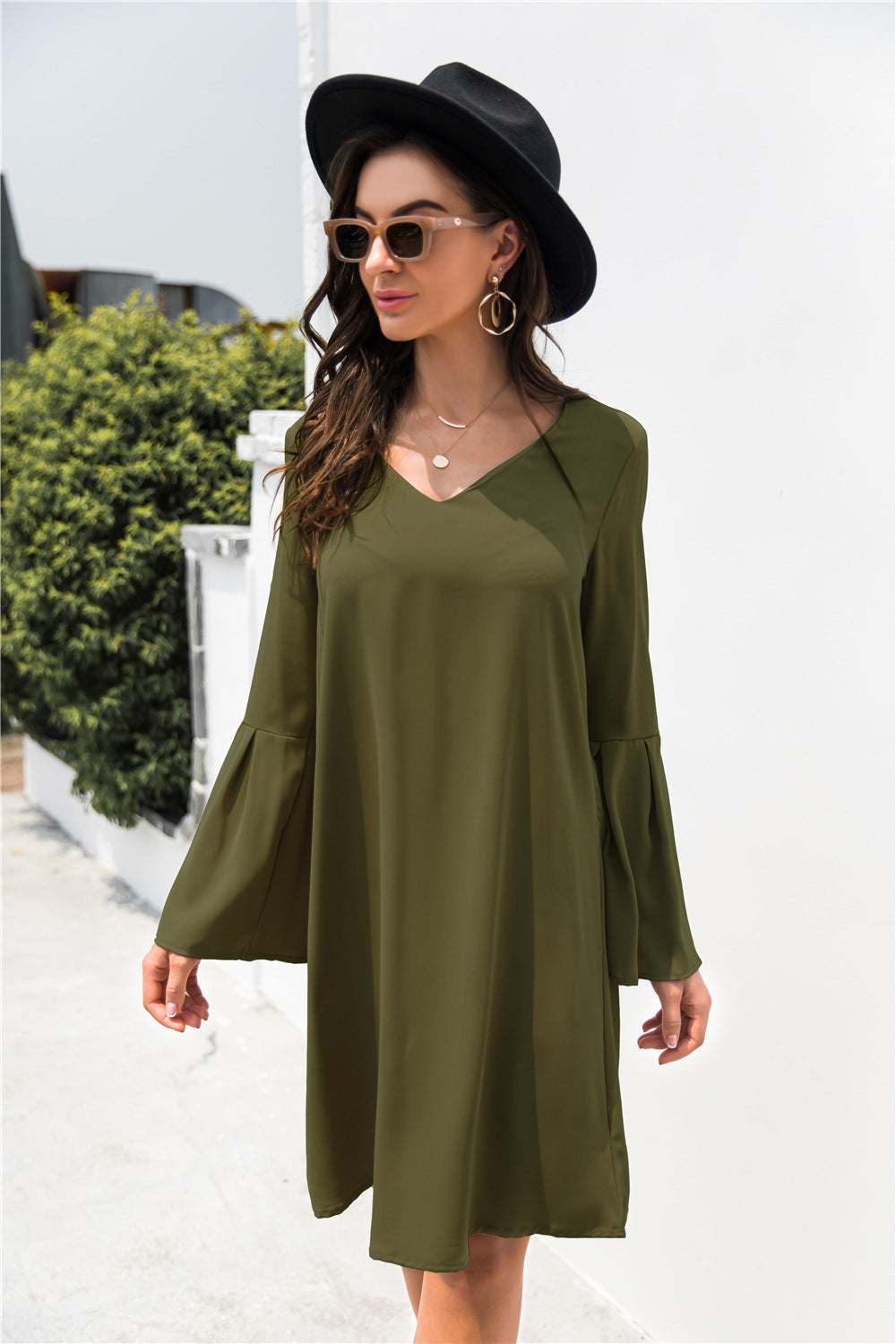 Trumpet Sleeve V Neck Dress