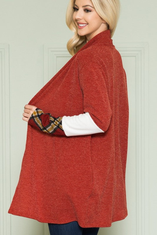 Plus Solid Plaid Contrast Long Sleeve Cardigan