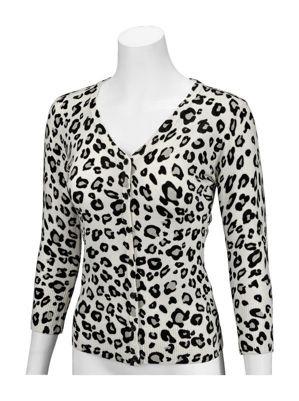 Leopard Print V Neck 12gg Sweater Cardigan