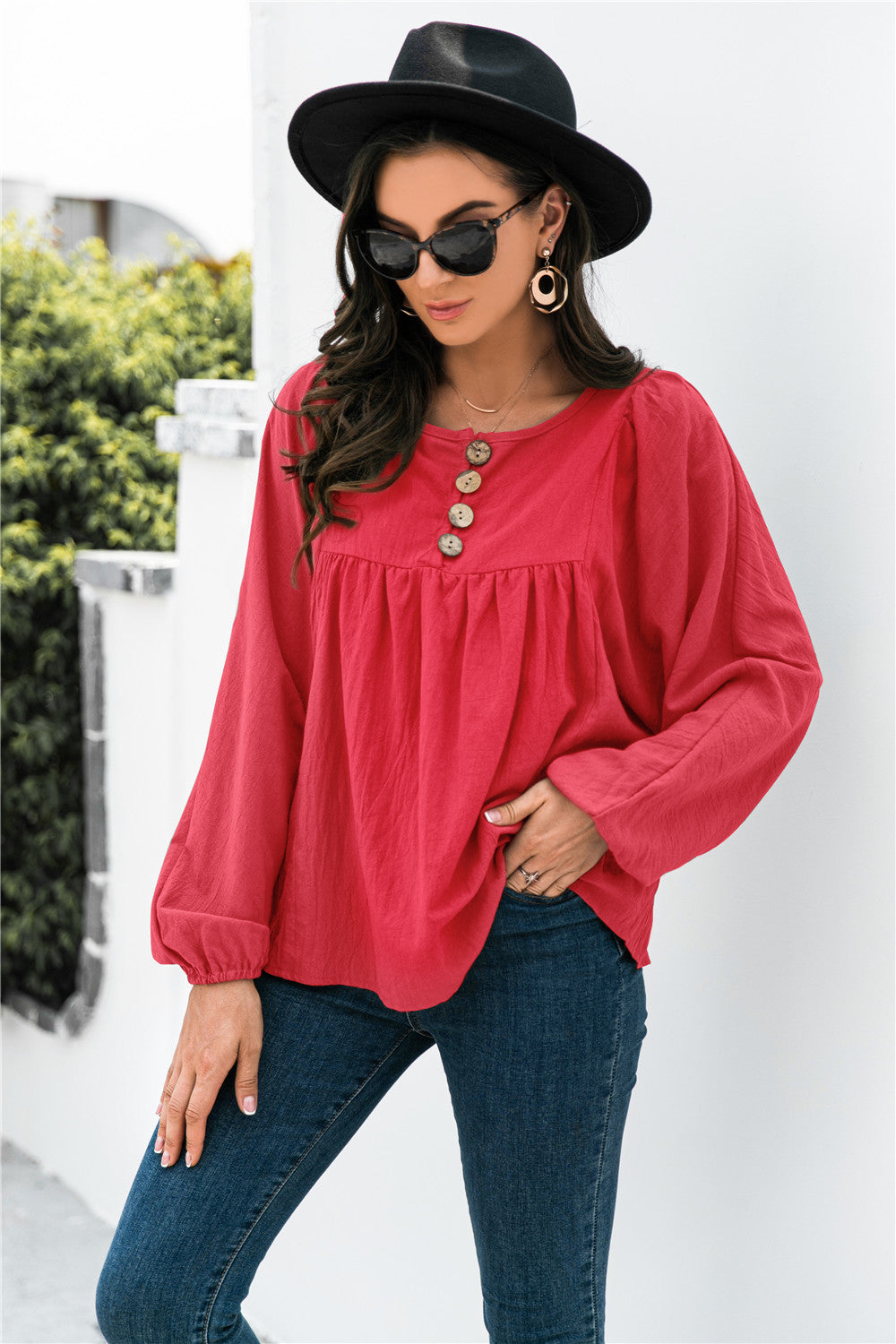 Button Up Balloon Sleeve Blouse - Touch Me Textures