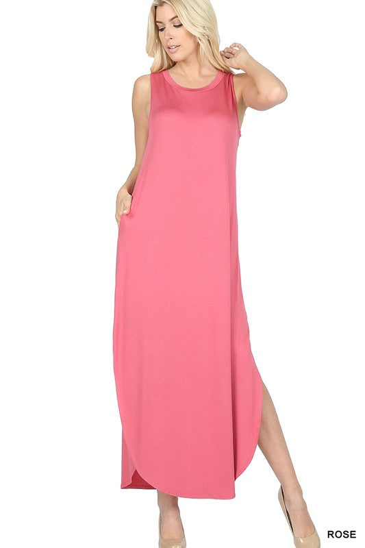 VISCOSE SLEEVELESS MAXI DRESS SIDE SLITS POCKETS - Touch Me Textures