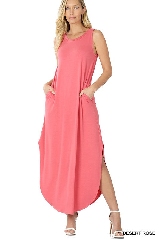 VISCOSE SLEEVELESS MAXI DRESS SIDE SLITS POCKETS - Touch Me Textures