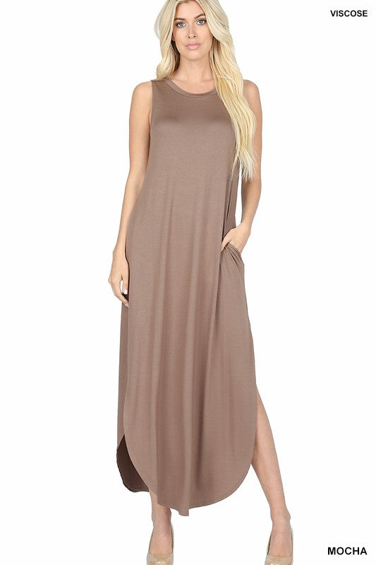 VISCOSE SLEEVELESS MAXI DRESS SIDE SLITS POCKETS - Touch Me Textures