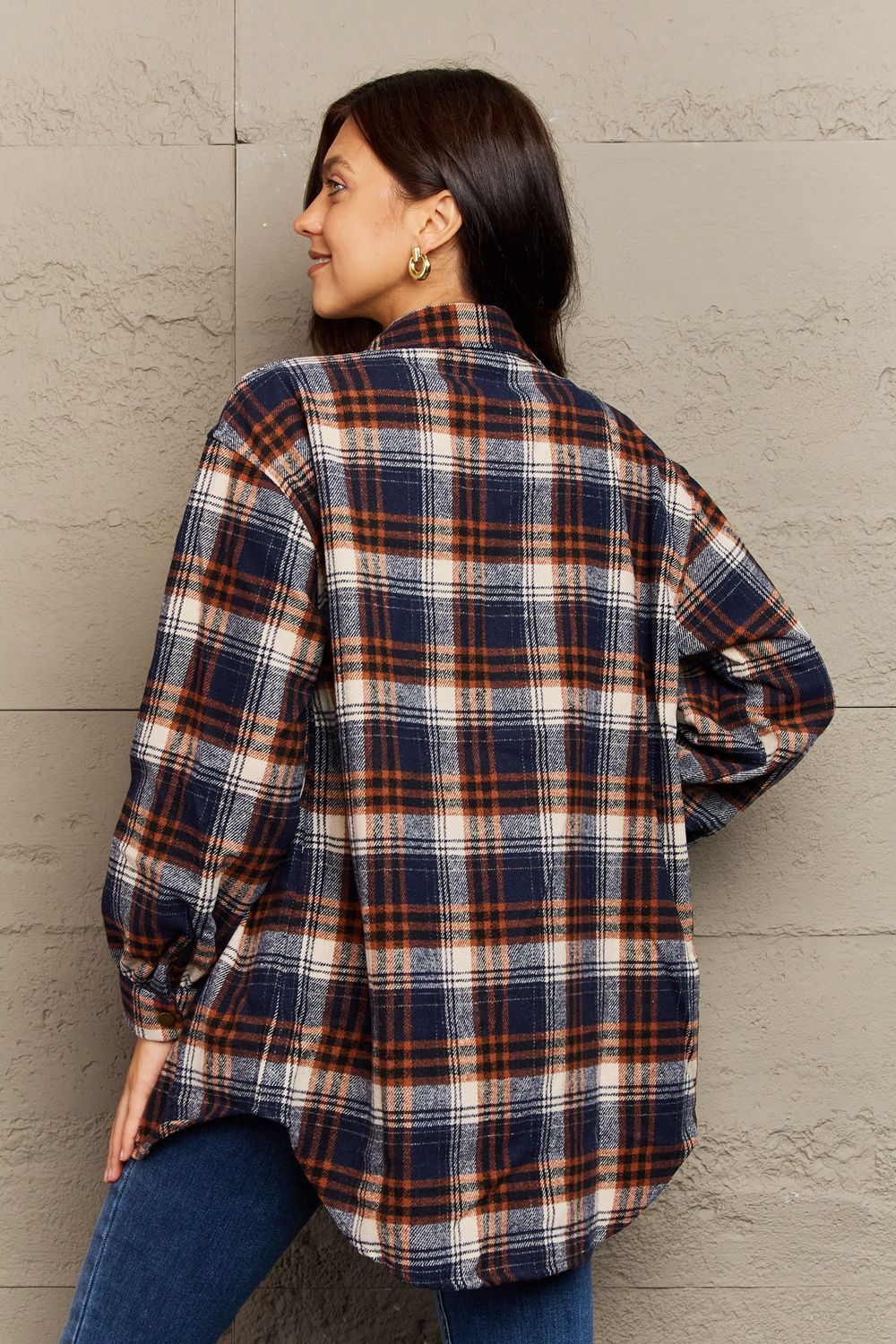 Ninexis Full Size Plaid Collared Neck Button-Down Long Sleeve Jacket