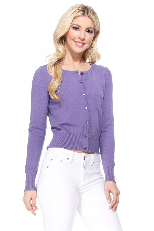 Gem Button Crew Neck Long Sleeve  Knit Cardigan