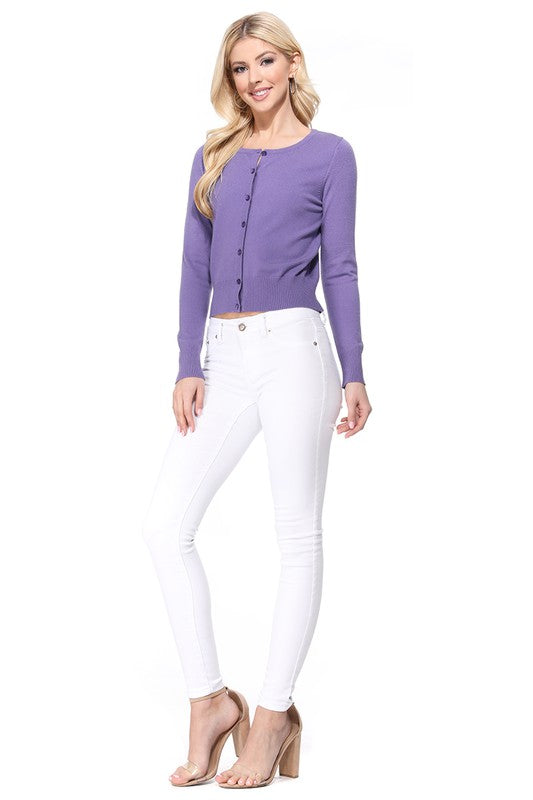 Gem Button Crew Neck Long Sleeve  Knit Cardigan