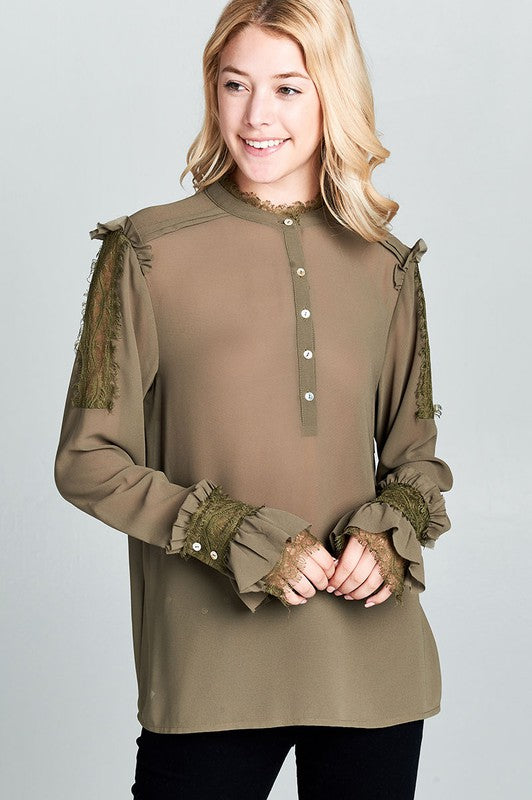 Sheer Long Sleeve Lace Trimmed Army Green Blouse - Touch Me Textures