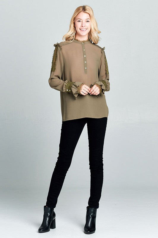 Sheer Long Sleeve Lace Trimmed Army Green Blouse - Touch Me Textures