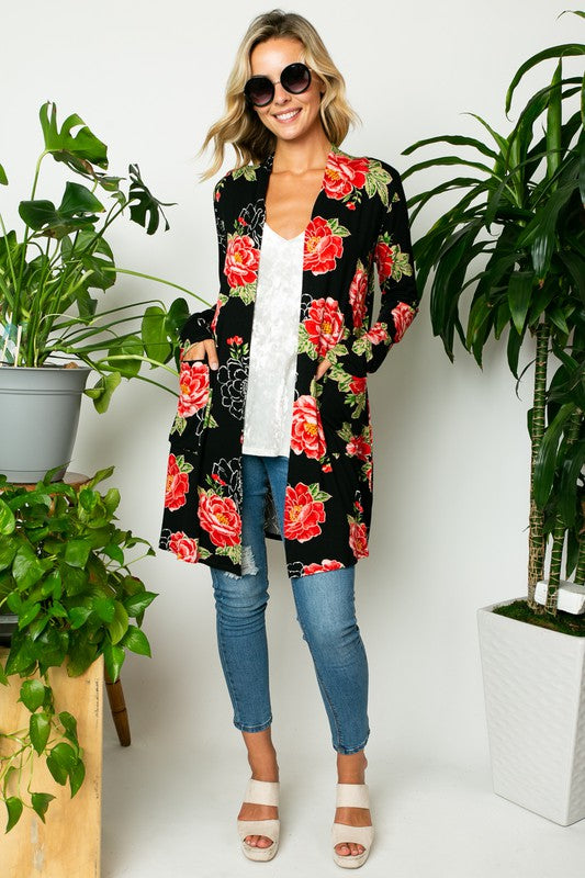 FLORAL PRINT SIDE POCKET LONG SLEEVE CARDIGAN