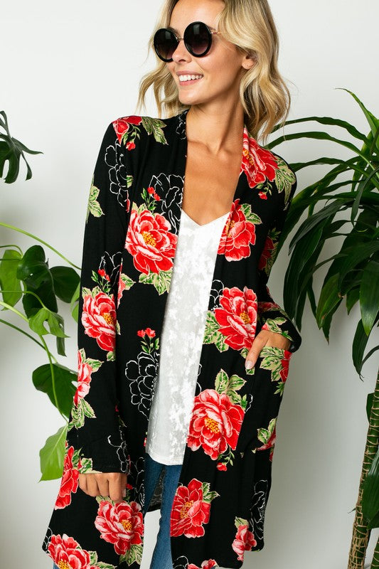 FLORAL PRINT SIDE POCKET LONG SLEEVE CARDIGAN