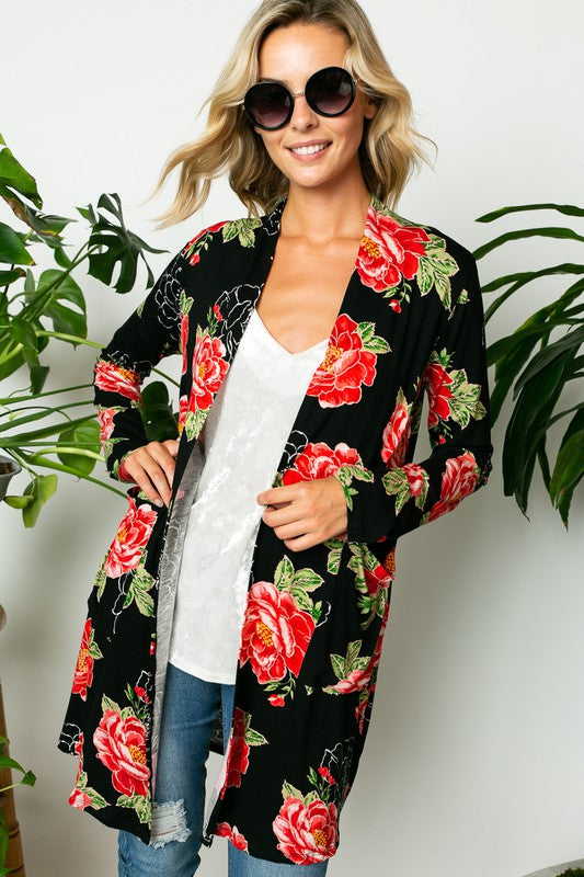 FLORAL PRINT SIDE POCKET LONG SLEEVE CARDIGAN