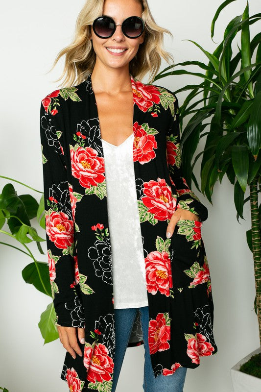 FLORAL PRINT SIDE POCKET LONG SLEEVE CARDIGAN