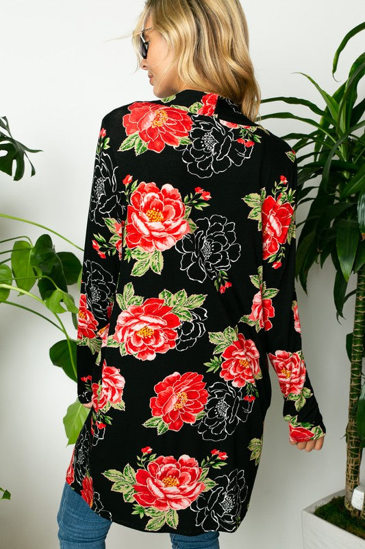 FLORAL PRINT SIDE POCKET LONG SLEEVE CARDIGAN