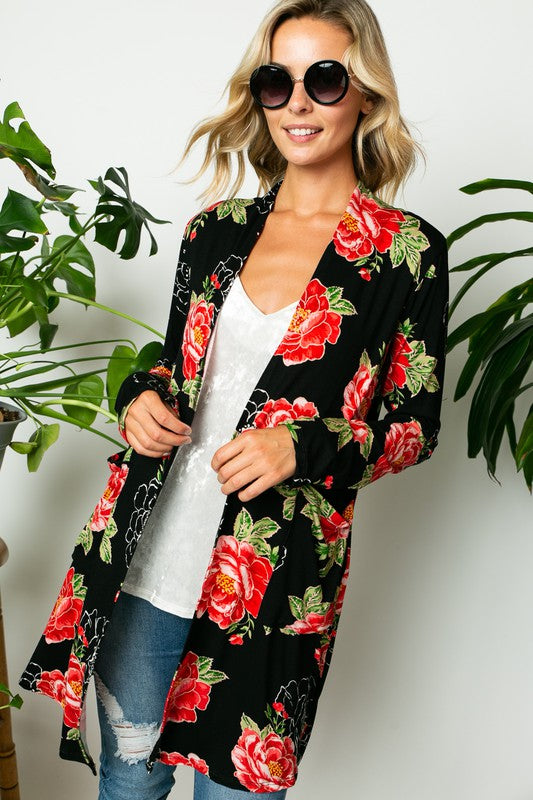 FLORAL PRINT SIDE POCKET LONG SLEEVE CARDIGAN