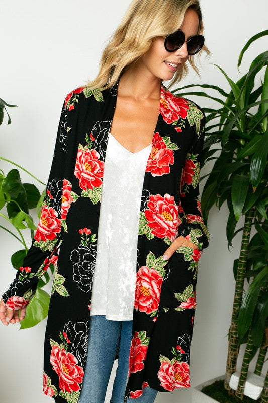 FLORAL PRINT SIDE POCKET LONG SLEEVE CARDIGAN