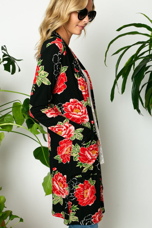 FLORAL PRINT SIDE POCKET LONG SLEEVE CARDIGAN