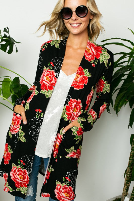 FLORAL PRINT SIDE POCKET LONG SLEEVE CARDIGAN