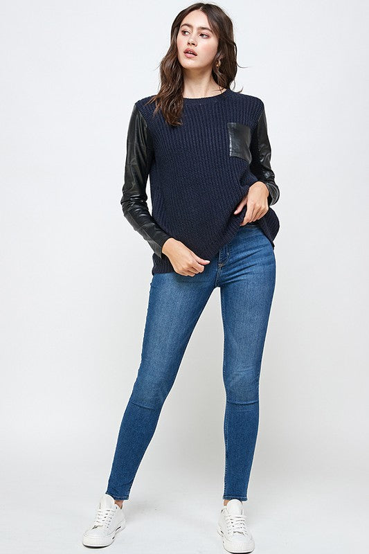 Vegan Leather Sweater High Low Top - Touch Me Textures