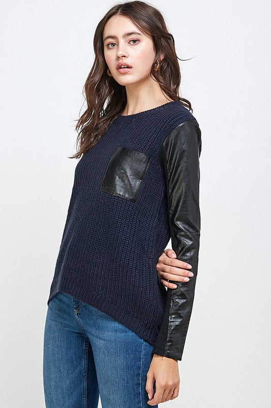 Vegan Leather Sweater High Low Top - Touch Me Textures