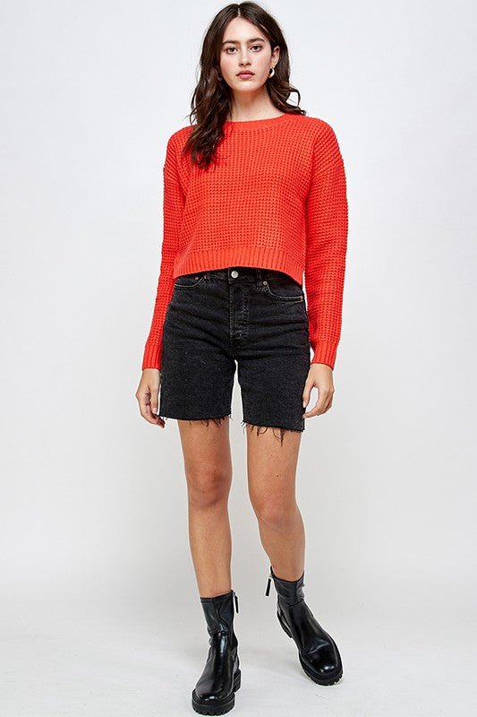 Waffle Knitted Cropped Sweater Top