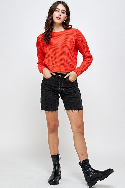 Waffle Knitted Cropped Sweater Top