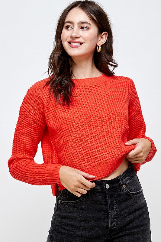 Waffle Knitted Cropped Sweater Top