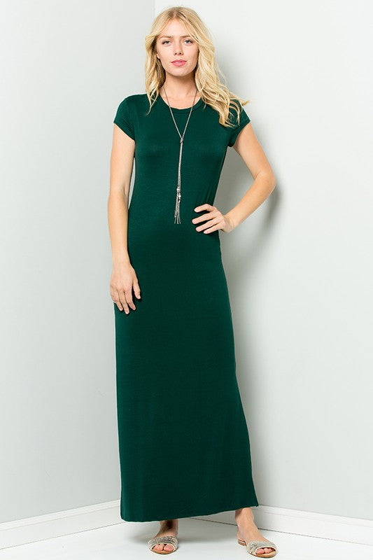 Solid Short Sleeve Maxi Dress with Side Slit