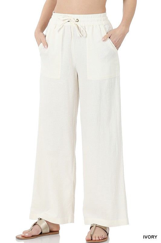 LINEN DRAWSTRING WAIST PANTS WITH POCKETS