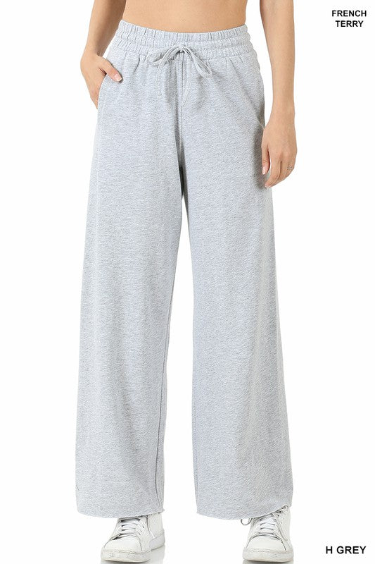 FRENCH TERRY DRAWSTRING WAIST RAW EDGE HEM PANTS