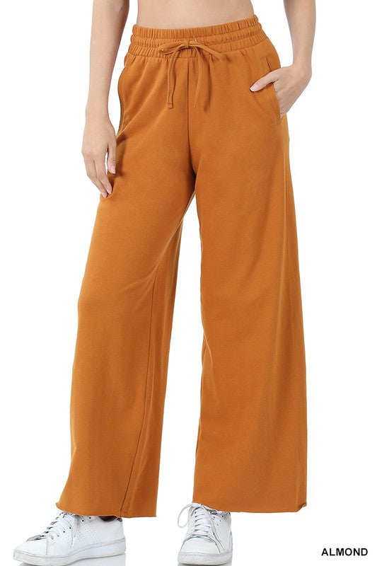 FRENCH TERRY DRAWSTRING WAIST RAW EDGE HEM PANTS