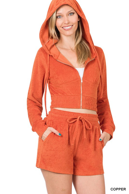 LOOP TERRY ZIP UP CROPPED HOODIE & SHORTS SET