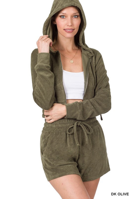 LOOP TERRY ZIP UP CROPPED HOODIE & SHORTS SET