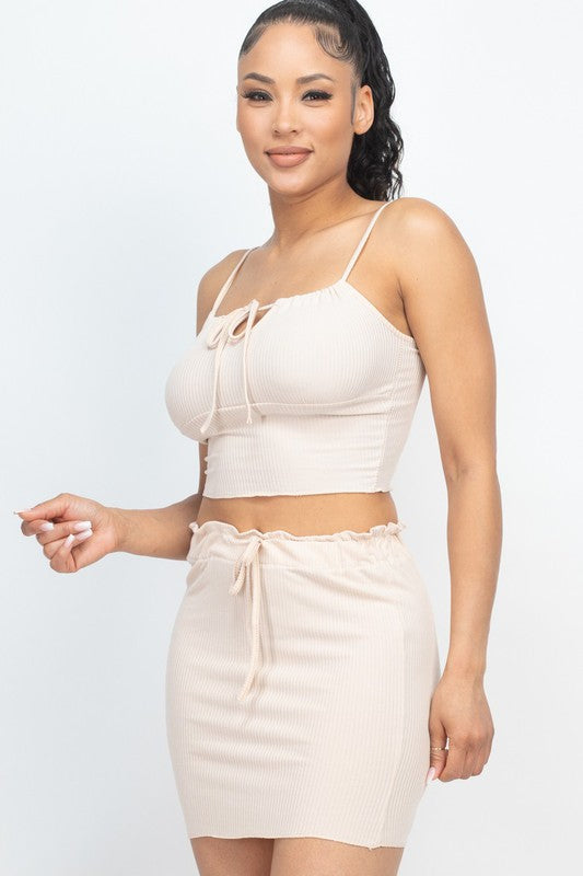 Ribbed Adjustable Front Crop Top & MiniSkirt Set