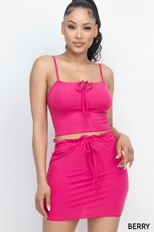 Ribbed Adjustable Front Crop Top & MiniSkirt Set